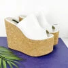 White Peep Toe Cork Wedge Mules