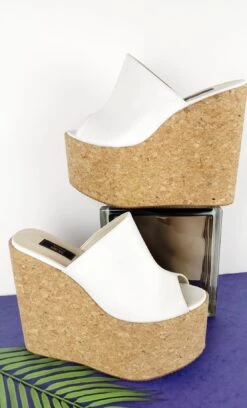 White Peep Toe Cork Wedge Mules 6 White Peep Toe Cork Wedge Mules -Tajna Shoes white cork high heel wedge mules platform 3