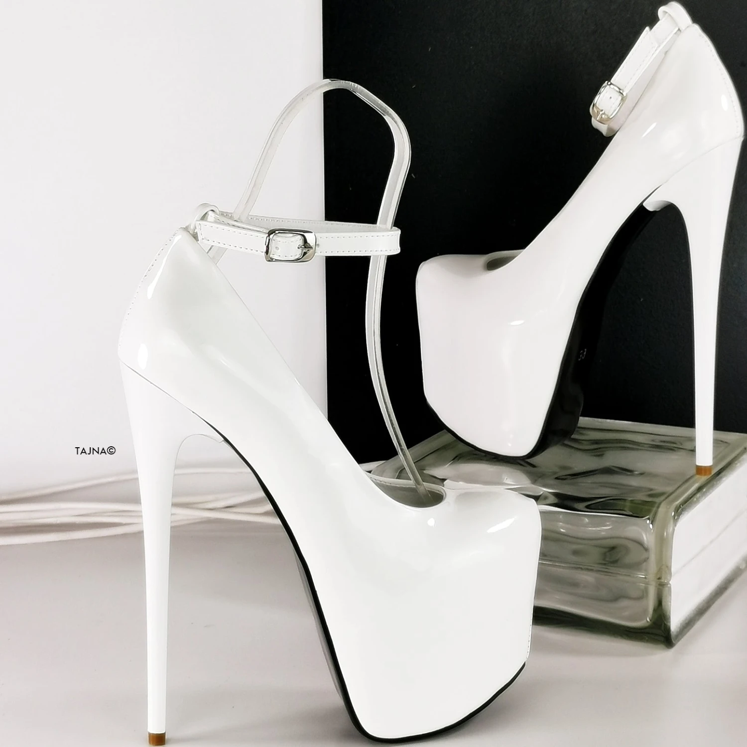 White Gloss Patent Ankle Strap Pencil Heels 1 White Gloss Patent Ankle Strap Pencil Heels