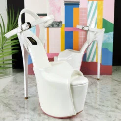 White Patent Pink Sole Ankle Strap Sandals -Tajna Shoes white gloss high heel platform sandals 7 inches 19 cm ankle strap 2