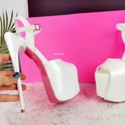 White Patent Pink Sole Ankle Strap Sandals -Tajna Shoes white gloss high heel platform sandals 7 inches 19 cm ankle strap 3