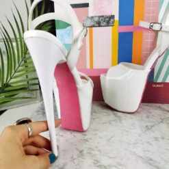 White Patent Pink Sole Ankle Strap Sandals -Tajna Shoes white gloss high heel platform sandals 7 inches 19 cm ankle strap 6