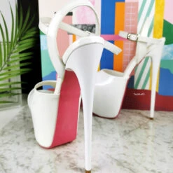 White Patent Pink Sole Ankle Strap Sandals -Tajna Shoes white gloss high heel platform sandals 7 inches 19 cm ankle strap 7