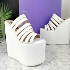 White Multi Straps Platform Wedge Mules