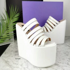 White Multi Straps Platform Wedge Mules 8 White Multi Straps Platform Wedge Mules -Tajna Shoes white multi strap high heel wedge platform mules 3