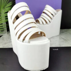 White Multi Straps Platform Wedge Mules 9 White Multi Straps Platform Wedge Mules -Tajna Shoes white multi strap high heel wedge platform mules 4