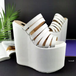 White Multi Straps Platform Wedge Mules 10 White Multi Straps Platform Wedge Mules -Tajna Shoes white multi strap high heel wedge platform mules 5