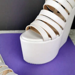 White Multi Straps Platform Wedge Mules 11 White Multi Straps Platform Wedge Mules -Tajna Shoes white multi strap high heel wedge platform mules 6