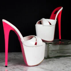 White Pink Cross Strap High Heel Mules