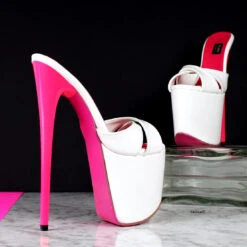 White Pink Cross Strap High Heel Mules -Tajna Shoes white pink high heel stiletto mules neon tajna club 3