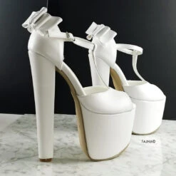 Ribbon Back White Bridal High Heels -Tajna Shoes white ribbon high heel platform wedding shoes 19 cm 3