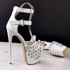 Spike Studded White Double Belted Heels