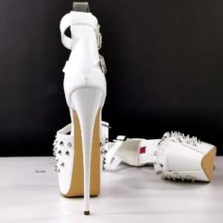Spike Studded White Double Belted Heels 7 Spike Studded White Double Belted Heels -Tajna Shoes white spike studded extra high heel platform shoes ankle strap tajna club bondage 3