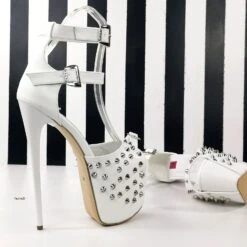 Spike Studded White Double Belted Heels 9 Spike Studded White Double Belted Heels -Tajna Shoes white spike studded extra high heel platform shoes ankle strap tajna club bondage 4