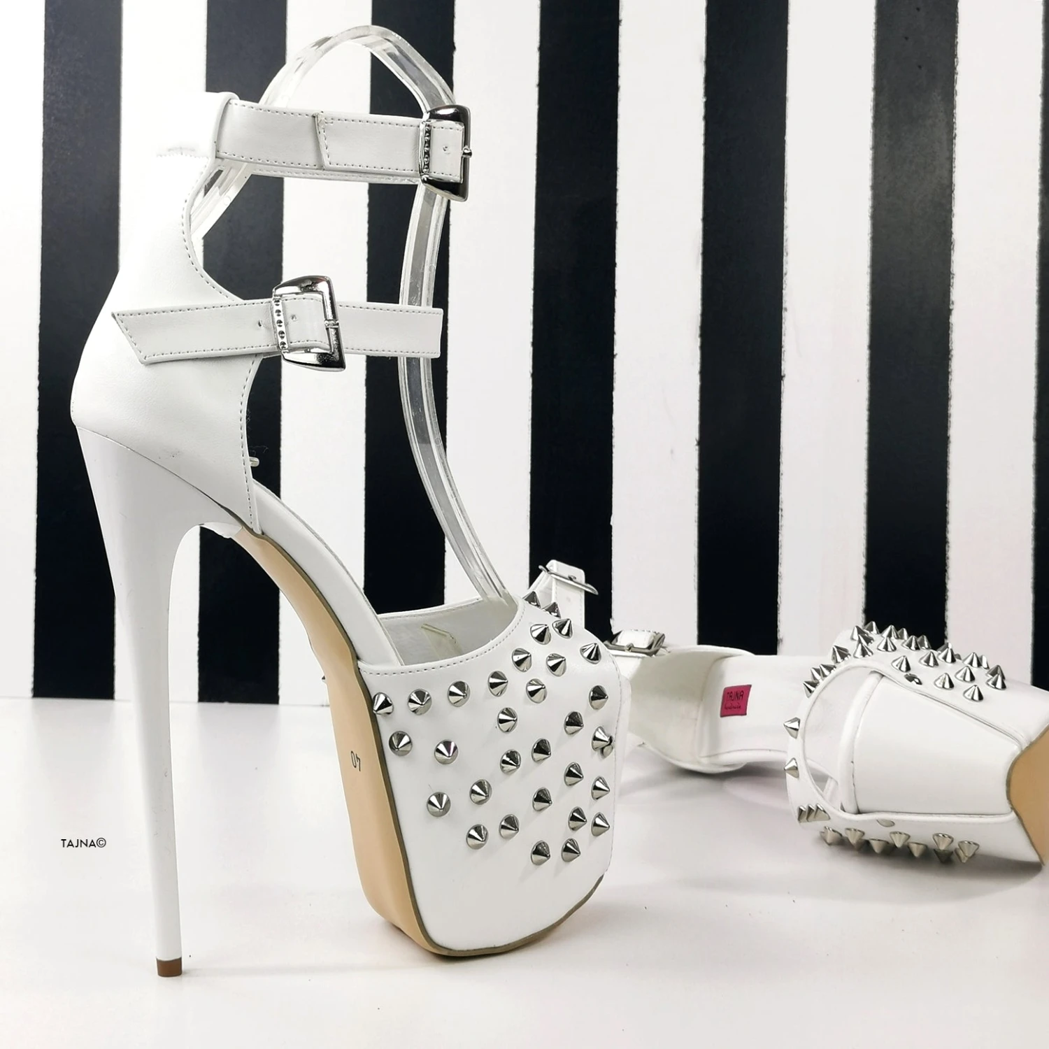 Spike Studded White Double Belted Heels 5 Spike Studded White Double Belted Heels - Image 5