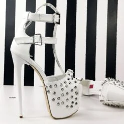 Spike Studded White Double Belted Heels 8 Spike Studded White Double Belted Heels -Tajna Shoes white spike studded extra high heel platform shoes ankle strap tajna club bondage 5