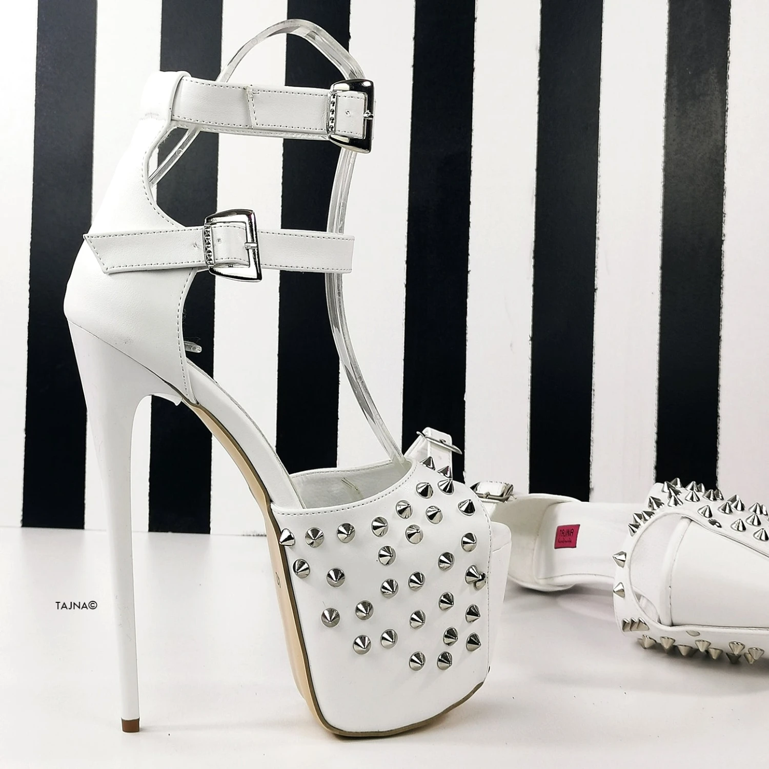 Spike Studded White Double Belted Heels 4 Spike Studded White Double Belted Heels - Image 4
