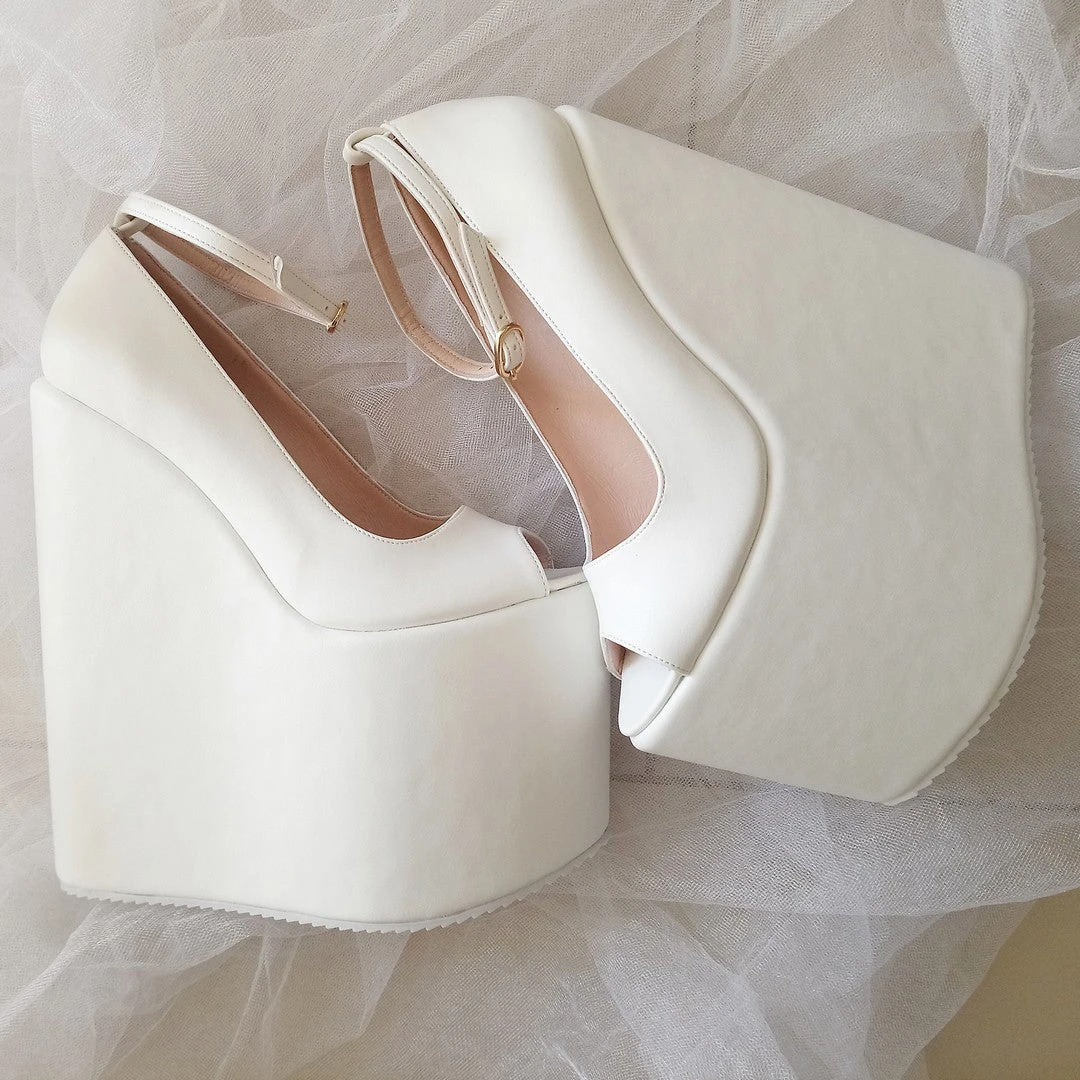 White Peep Toe Super High Heel Wedding Wedge Shoes 1 White Peep Toe Super High Heel Wedding Wedge Shoes