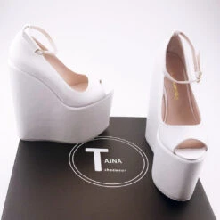 White Peep Toe Super High Heel Wedding Wedge Shoes 7 White Peep Toe Super High Heel Wedding Wedge Shoes -Tajna Shoes white 20 cm wedding bridal shoes platform 4