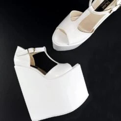 White T Strap Platform Wedge Shoes
