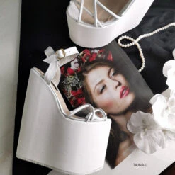 White Transparent Cross Strap Platform Wedges -Tajna Shoes white mega heel bride shoes platform 20 cm 3