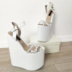 White Transparent Cross Strap Platform Wedges -Tajna Shoes white mega heel bride shoes platform 20 cm 4