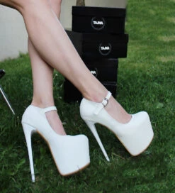 Belted Strap 19 Cm Pencil Heel White Platforms -Tajna Shoes white pencil heel platform shoes 4