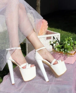 Cross Strap White Patent Wedding Platform Shoes -Tajna Shoes white platform wedding shoes 18cm 19 cm 3