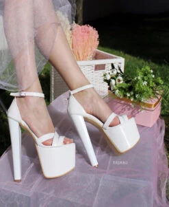 Cross Strap White Patent Wedding Platform Shoes -Tajna Shoes white platform wedding shoes 18cm 19 cm 5