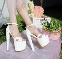 Cross Strap White Patent Wedding Platform Shoes -Tajna Shoes white platform wedding shoes 18cm 19 cm 6