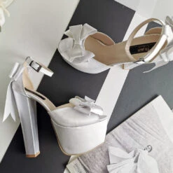 White Satin Ribbon Wedding Shoes -Tajna Shoes white satin ribbon high heel wedding bridal shoes 1