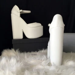 Ankle Strap High Heel Bridal White Wedges -Tajna Shoes white super high heel bridal wedge shoes 3