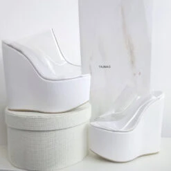 Transparent Strap White Wedge Mules