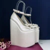 Ivory White Ribbon Platform Heel Bridal Wedges