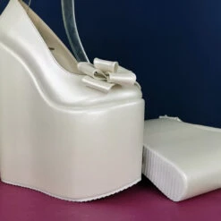 Ivory White Ribbon Platform Heel Bridal Wedges -Tajna Shoes whiteivoryweddingwedgeplatformheel bridalshoes tajna 4
