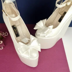 Ivory White Ribbon Platform Heel Bridal Wedges -Tajna Shoes whiteivoryweddingwedgeplatformheel bridalshoes tajna 5