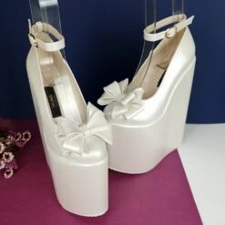 Ivory White Ribbon Platform Heel Bridal Wedges -Tajna Shoes whiteivoryweddingwedgeplatformheel bridalshoes tajna 6