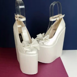 Ivory White Ribbon Platform Heel Bridal Wedges -Tajna Shoes whiteivoryweddingwedgeplatformheel bridalshoes tajna 7