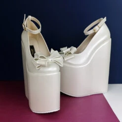 Ivory White Ribbon Platform Heel Bridal Wedges -Tajna Shoes whiteivoryweddingwedgeplatformheel bridalshoes tajna 8