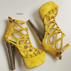 Yellow Laser Cage Ankle Platform Heels -Tajna Shoes yellow lazer cage platform heel ankle shoes 1