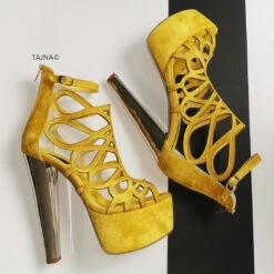 Yellow Laser Cage Ankle Platform Heels